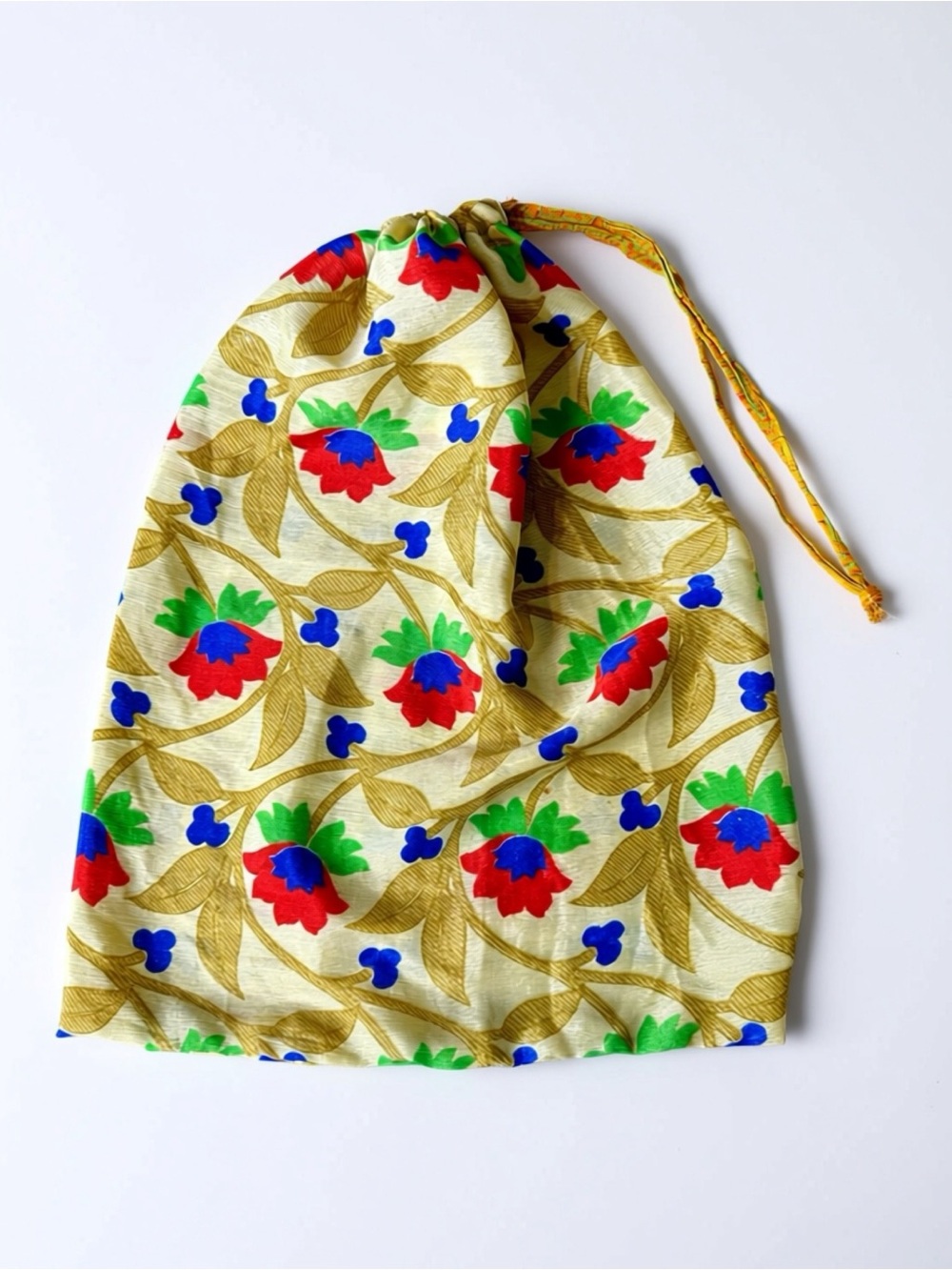 Multicolored Floral Drawstring Bag - Cream, Red & Blue - 11.5x16